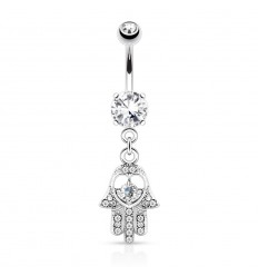 Navlepiercing med Hamsa hånd og klar stein