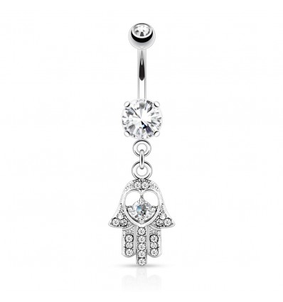 Navlepiercing med Hamsa hånd og klar stein
