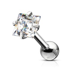 Piercing Stav med Flad Firkantet Sten - Klar - Tragus Piercing - Kirurgisk stål 316L - Ørepiercing Smykker | Piercingfabrikken.dk
