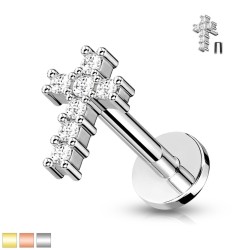Labret med Kors og Klare Sten - Klar - Tragus Piercing - Kirurgisk stål 316L - Ørepiercing Smykker | Piercingfabrikken.dk