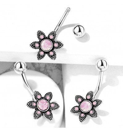 Navlepiercing med rosa opalittblomst