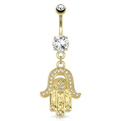 Navlepiercing med Guldfarvet Hamsa Hånd - 1,6 mm 10 mm Guld Guldbelagt Stål Klar Med vedhæng | Piercingfabrikken.dk
