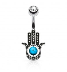 Navlepiercing med Hamsa Hand & Turkis Ball