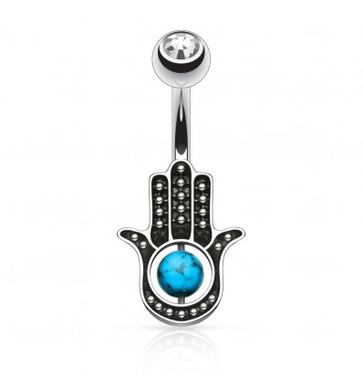 Navlepiercing med Hamsa Hand & Turkis Ball