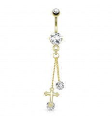 Navlepiercing med kors og 2 steiner