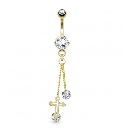 Navlepiercing med kors og 2 steiner