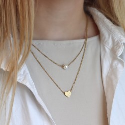 Dobbelt Halskæde med Perle & Hjerte - 2 mm 450 mm Kirurgisk stål Med Perler Sølv | Piercingfabrikken.dk