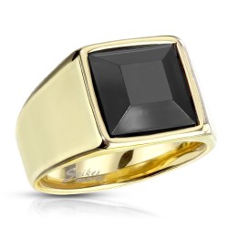 Guldfarvet Signet Ring med Sort Onyx Sten - Guld Kirurgisk stål sort Str. 67 mm | Piercingfabrikken.dk