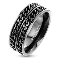 Sort Ring med Dobbelt Kæde - 8 mm Kirurgisk stål Sort Str. 67 mm | Piercingfabrikken.dk